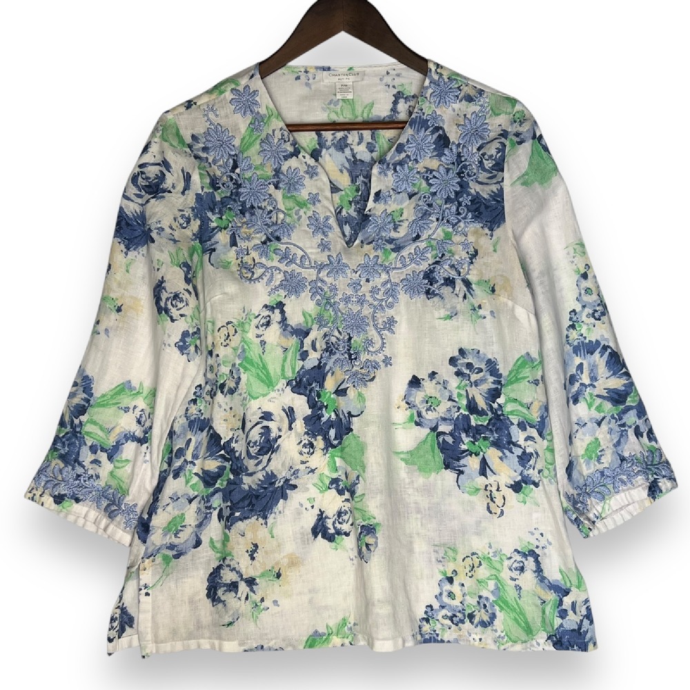 Charter Club Floral 100% Linen Top Embroidered White Blouse‎ Petite Coastal MP